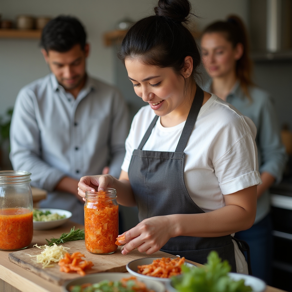 Fermentation instructor demonstrating jar packing technique to a small group in a kitchen setting