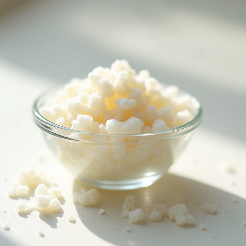 Close-up of kefir grains in a glass bowl ready for milk inoculation