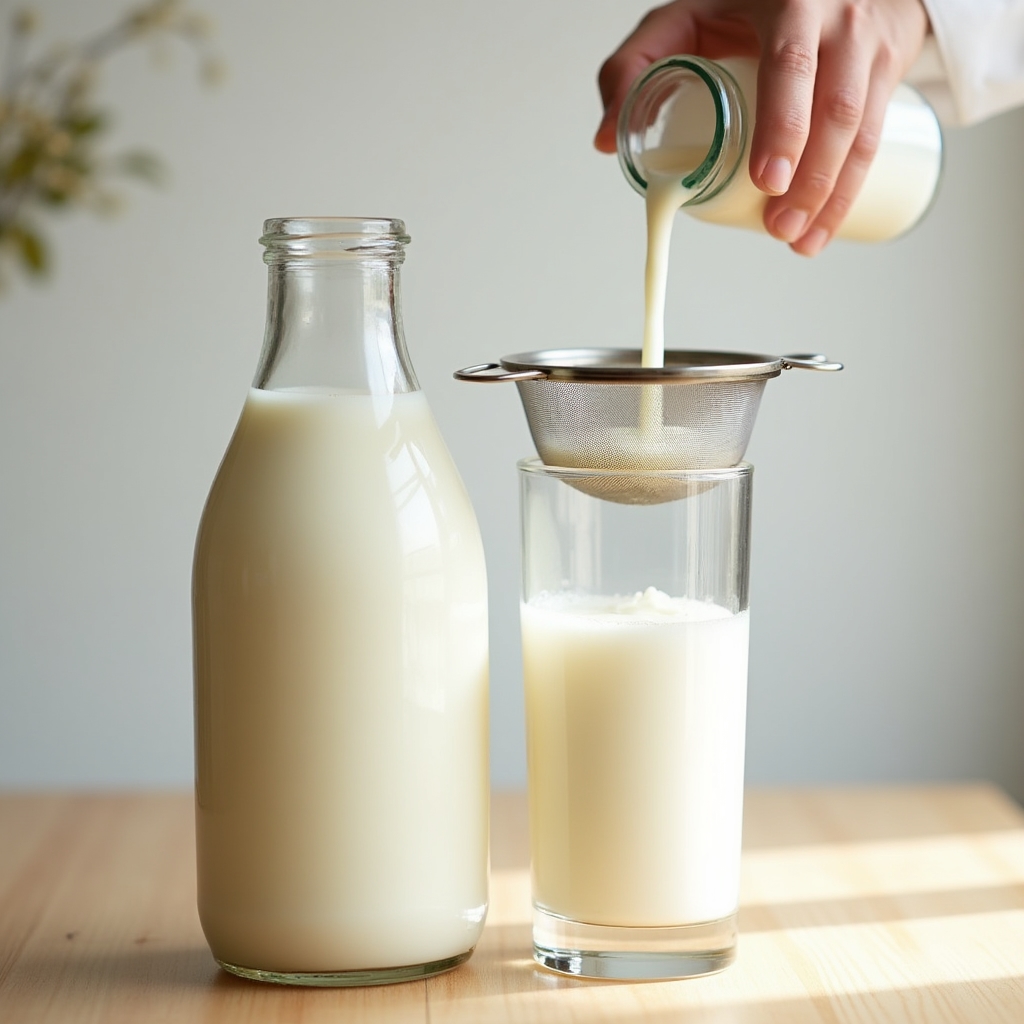 Fresh kefir being poured from a glass jar through a strainer into a clear drinking glass