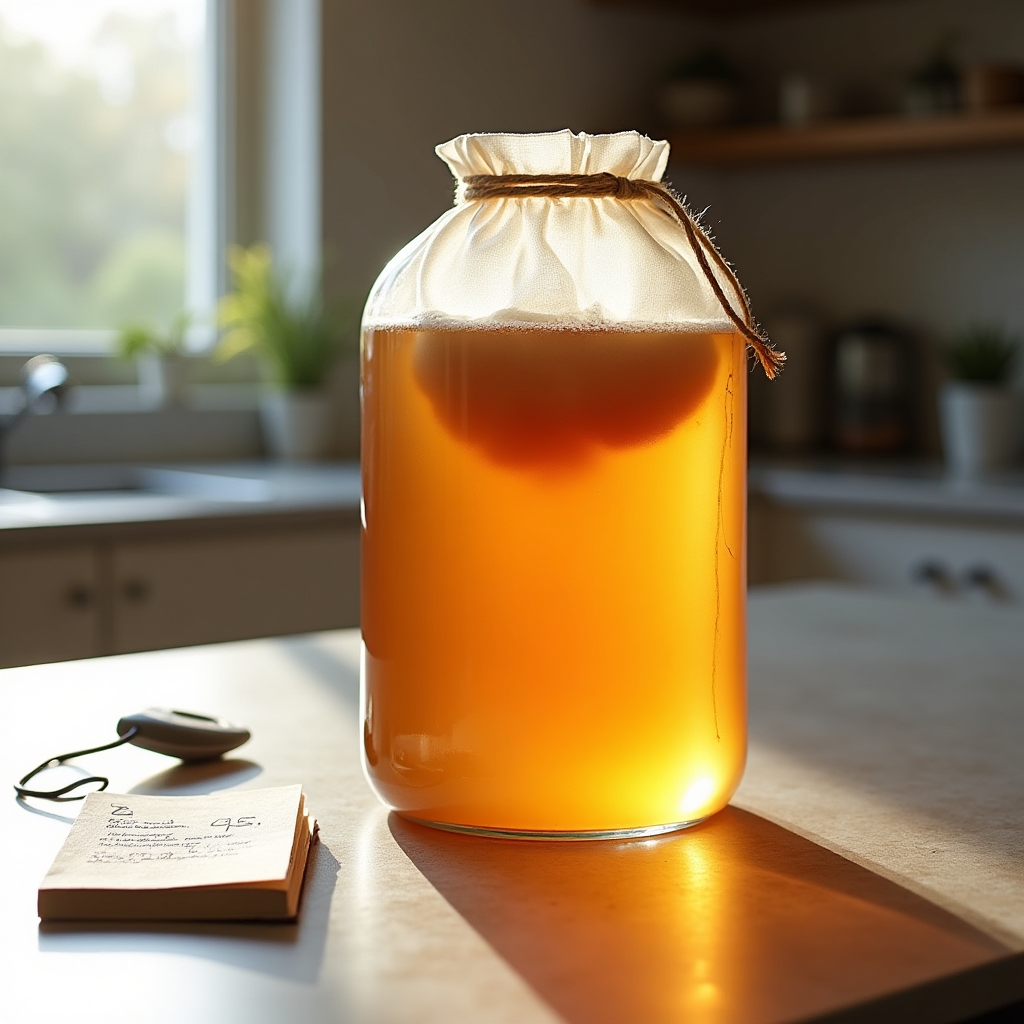 Kombucha brewing setup with SCOBY in a large glass vessel on a kitchen counter