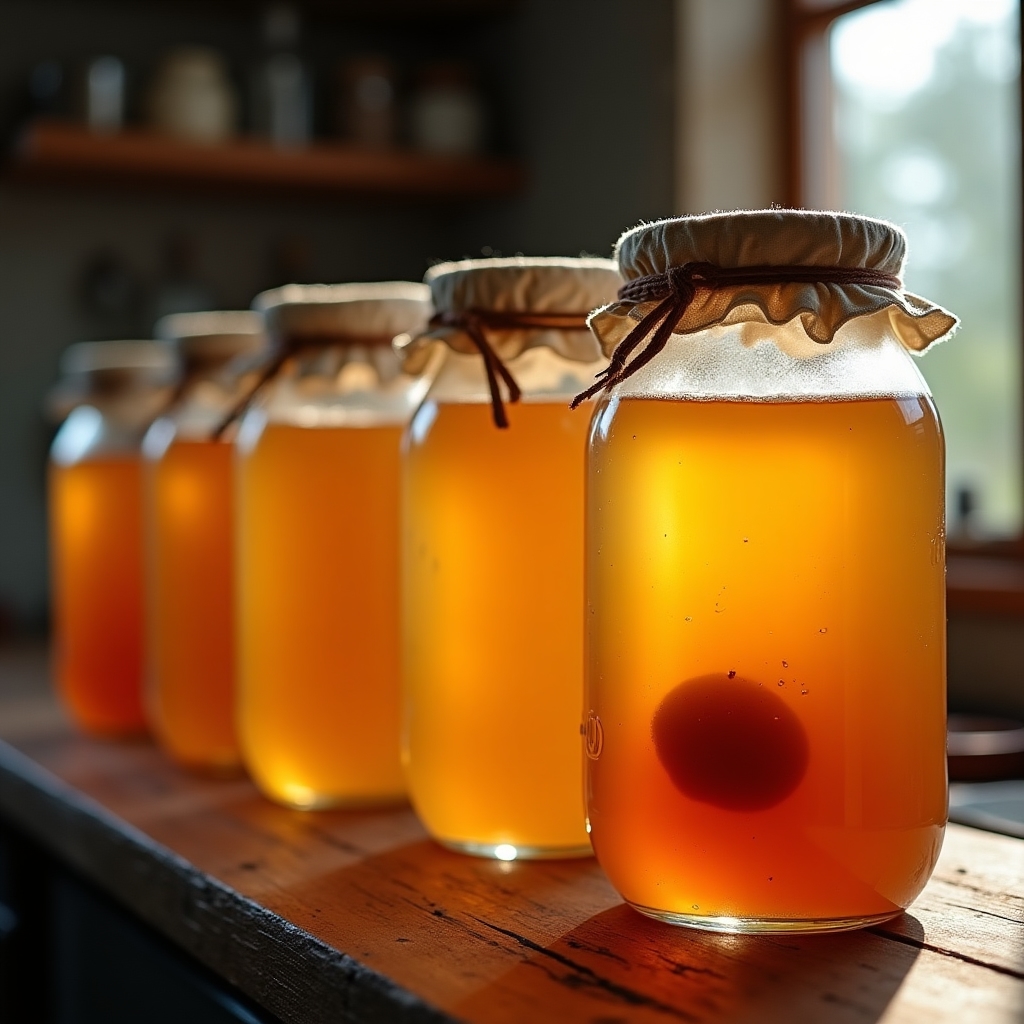 Glass jars of kombucha and fermented vegetables on a wooden surface
