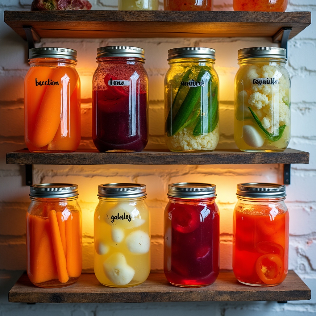 Assorted lacto-fermented vegetables in glass mason jars arranged on a rustic wooden shelf