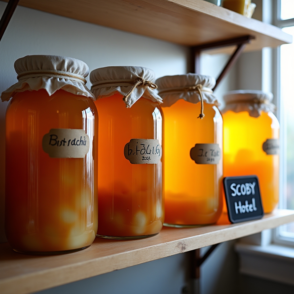 Multiple SCOBY cultures stored in glass jars arranged in a fermentation hotel setup