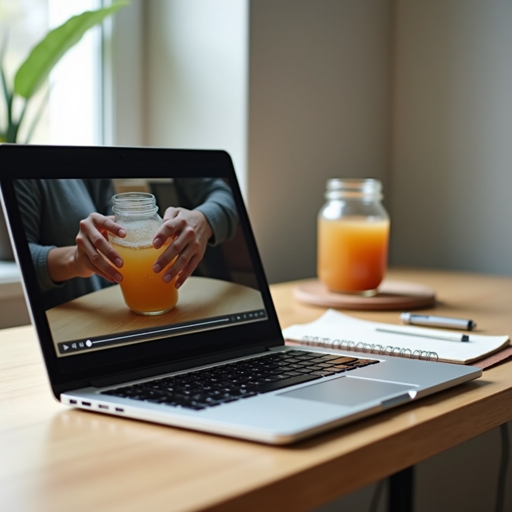 Laptop screen showing a fermentation video lesson with a jar of brine visible next to it
